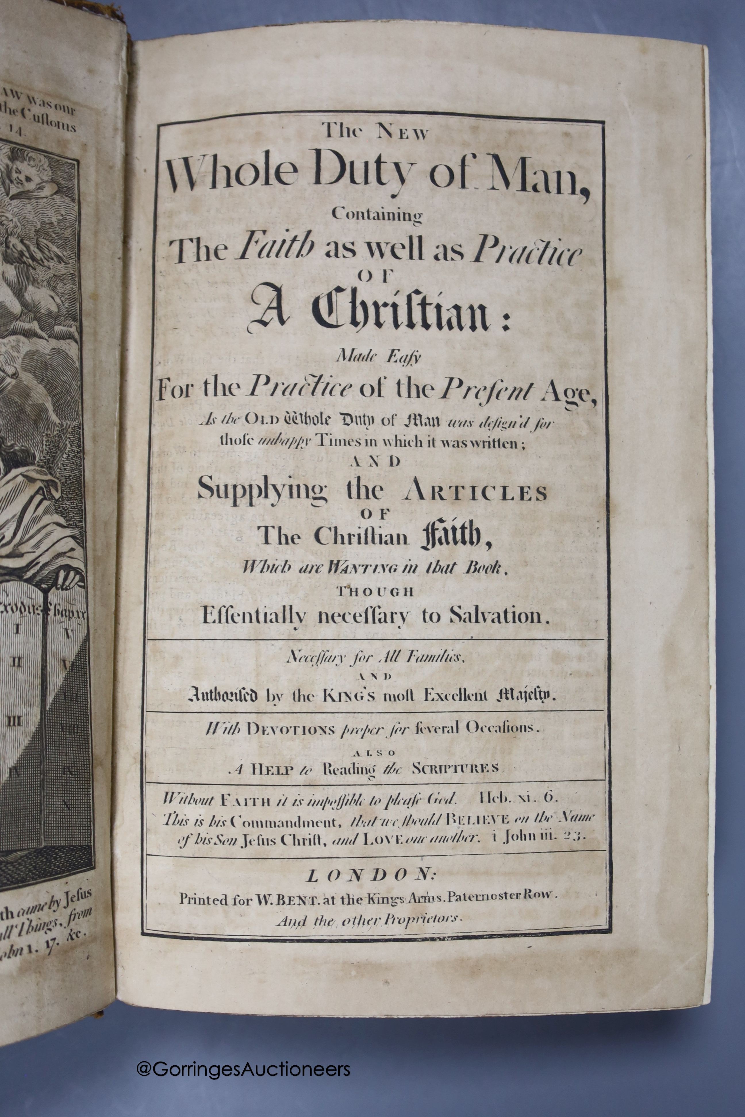 A collection of leather bound books, including The Truth of The Scripture 1808 to follow The Whole Duty of Man